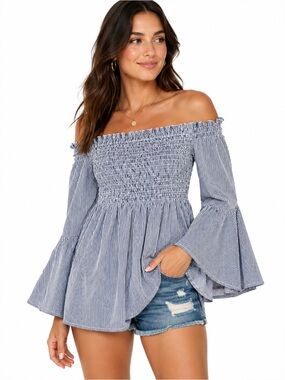 BP. Off Shoulder Bell Sleeve Striped Tunic Top Small Blue White